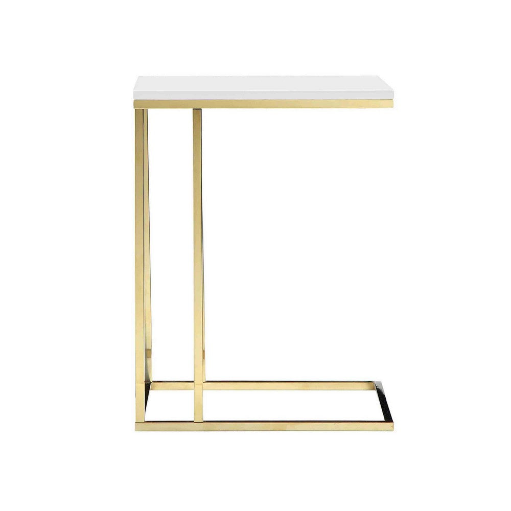 Zen 23 Inch Side End Tray Table, White Tray Top, Steel Base in Gold Finish - BM317117