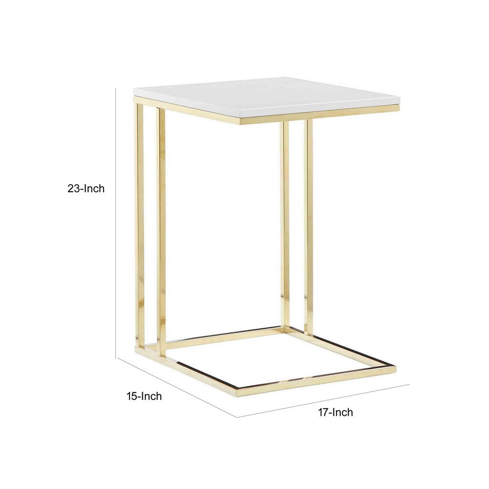 Zen 23 Inch Side End Tray Table, White Tray Top, Steel Base in Gold Finish - BM317117