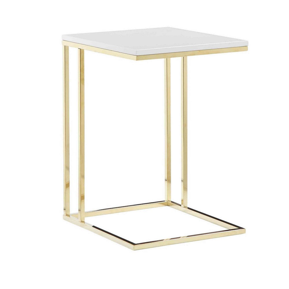 Zen 23 Inch Side End Tray Table, White Tray Top, Steel Base in Gold Finish - BM317117