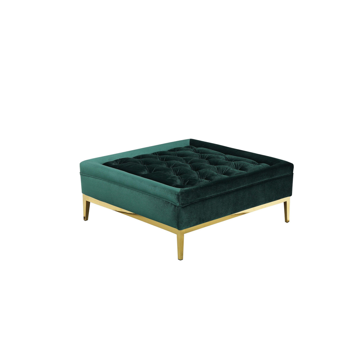 Vien 37 Inch Accent Ottoman, Square, Green Tuft Velvet, Gold Polished Steel - BM317124