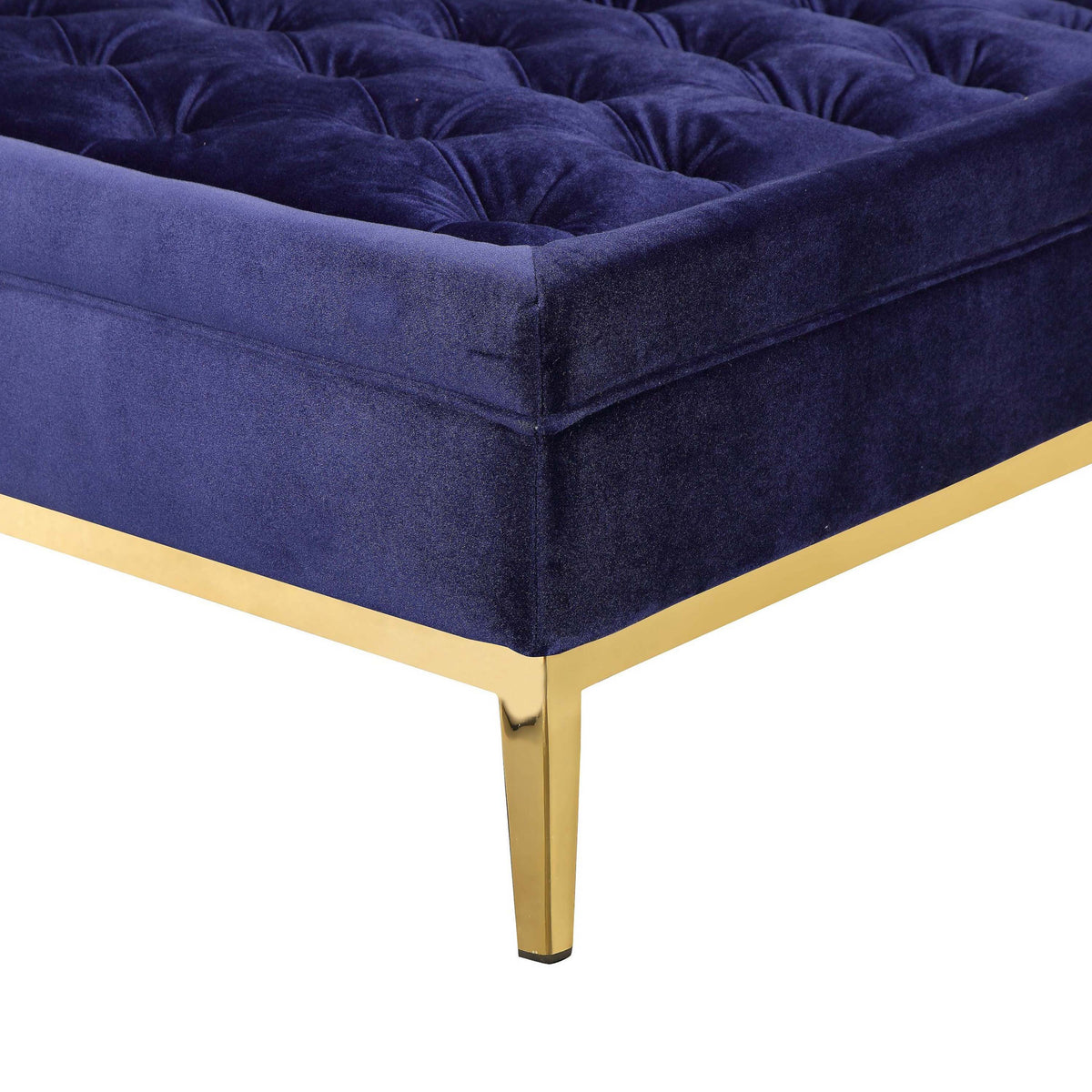 Vien 37 Inch Accent Ottoman, Square, Navy Tufted Velvet Gold Polished Steel - BM317125