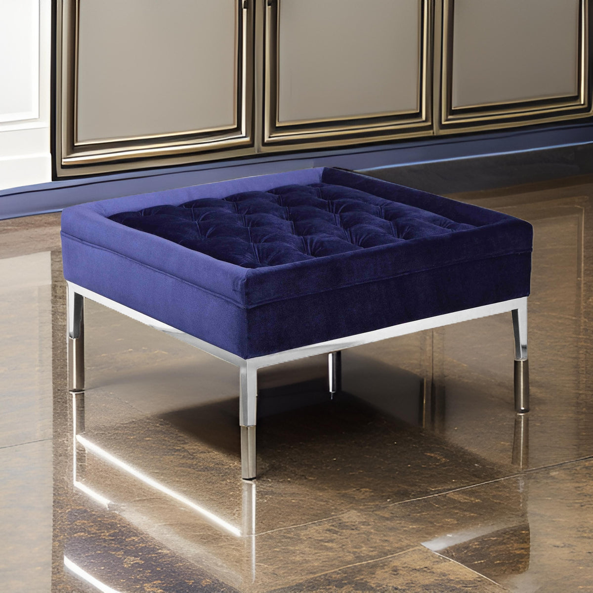 Vien 37 Inch Accent Ottoman, Square, Navy Tufted Velvet Gold Polished Steel - BM317125