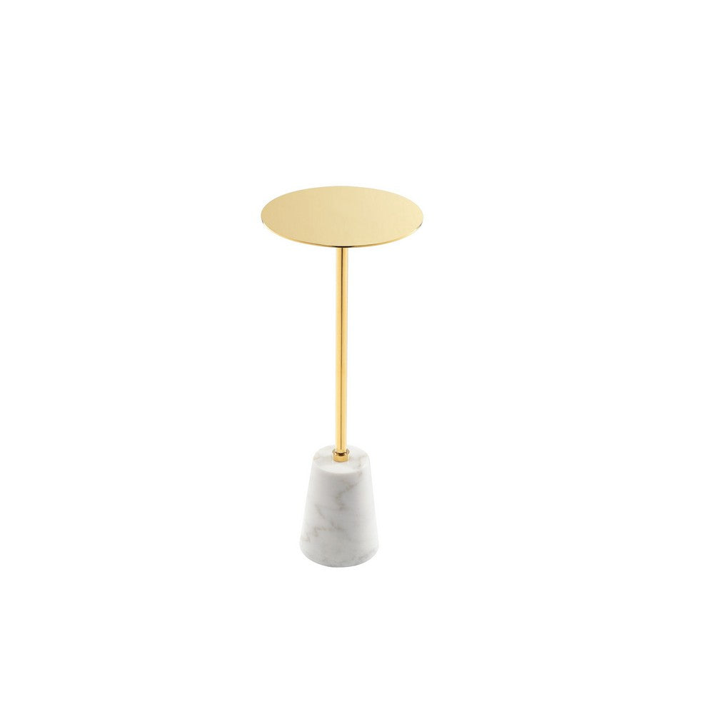 Sen 8 Inch Side End Drink Table, Round, White Genuine Marble, Gold Finish - BM317126