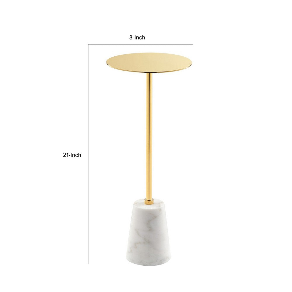 Sen 8 Inch Side End Drink Table, Round, White Genuine Marble, Gold Finish - BM317126