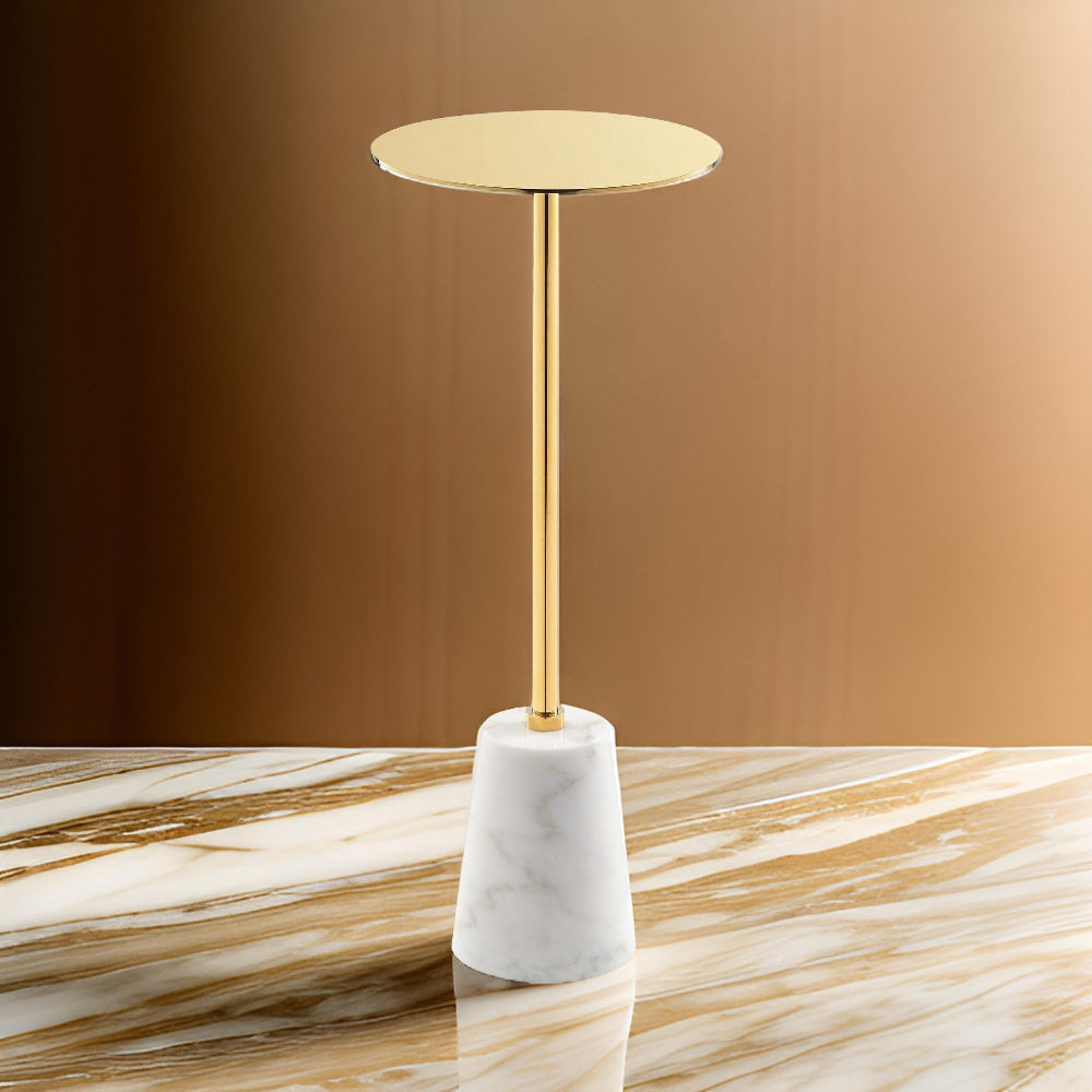 Sen 8 Inch Side End Drink Table, Round, White Genuine Marble, Gold Finish - BM317126