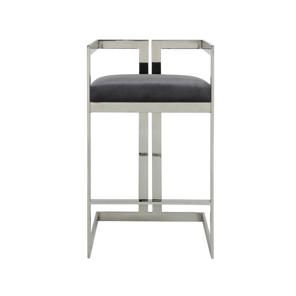 Suki 30 Inch Barstool Chair, Gray Velvet Seat, Silver Stainless Steel - BM317151