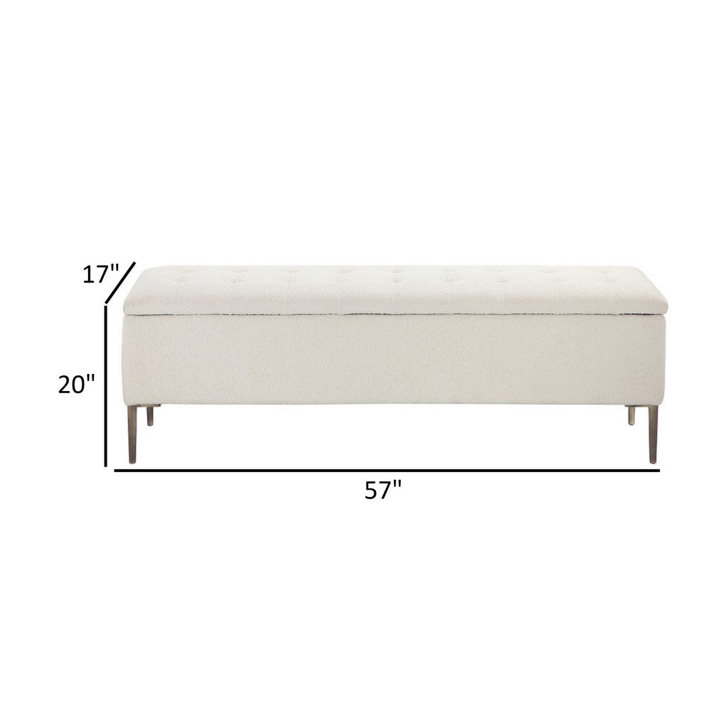 Kia 57 Inch Storage Bench, White Tufted Boucle Fabric, Brown Wood Frame - BM317179