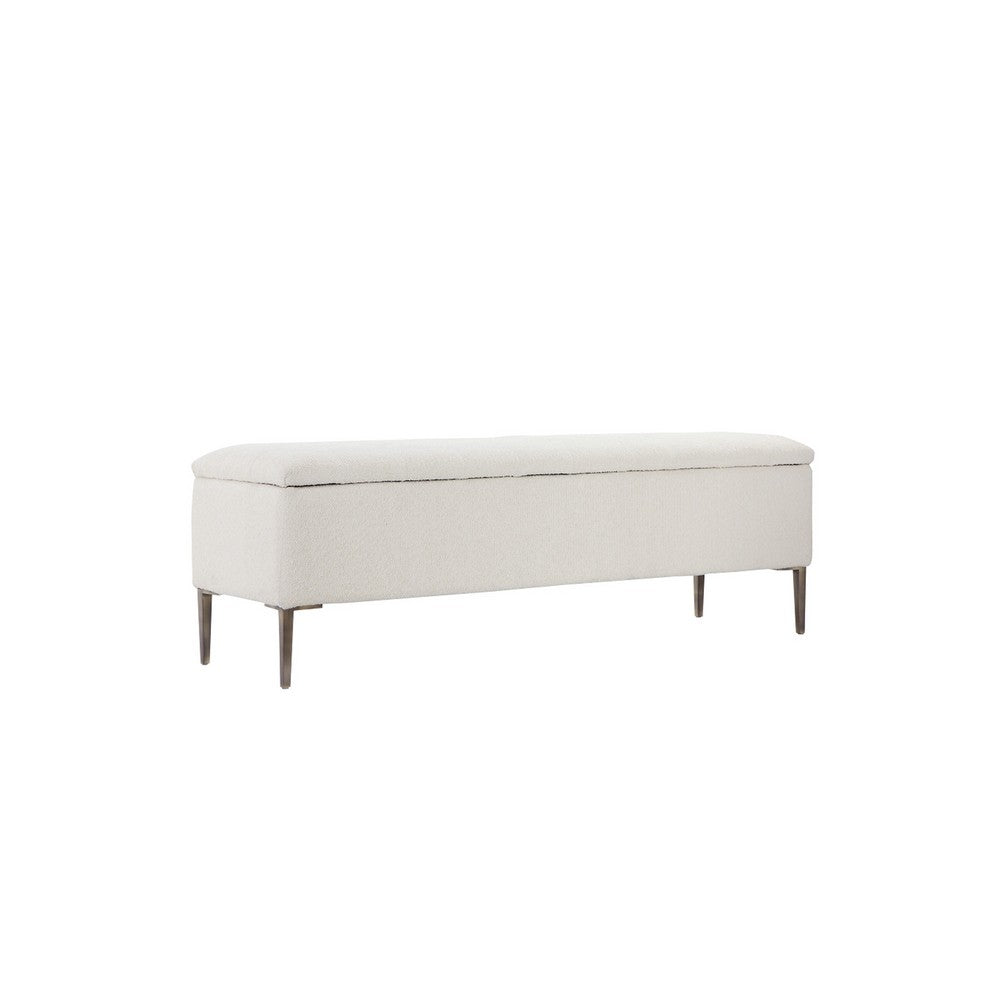 Kia 57 Inch Storage Bench, White Tufted Boucle Fabric, Brown Wood Frame - BM317179