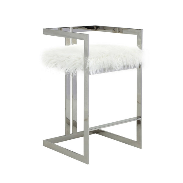 Suki 30 Inch Barstool Chair, White Faux Fur, Silver Stainless Steel Frame - BM317185