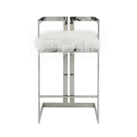 Suki 30 Inch Barstool Chair, White Faux Fur, Silver Stainless Steel Frame - BM317185