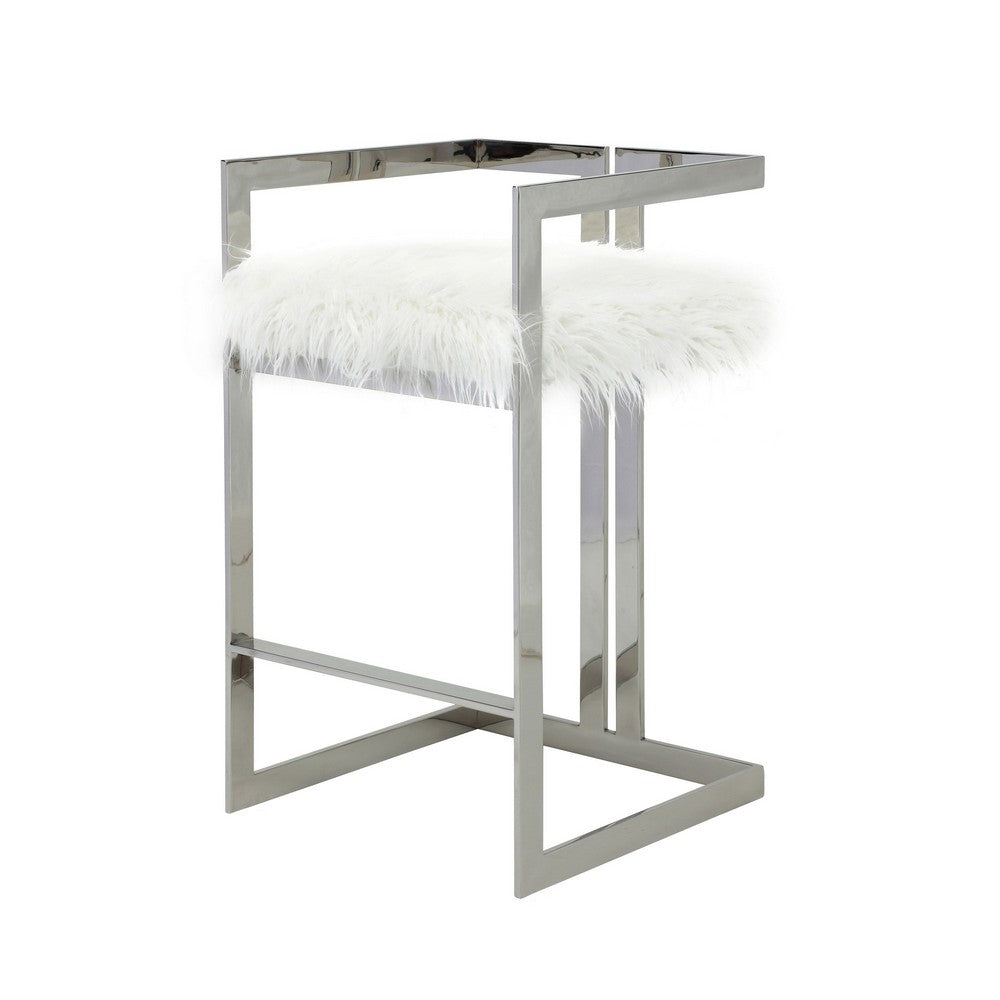 Suki 30 Inch Barstool Chair, White Faux Fur, Silver Stainless Steel Frame - BM317185