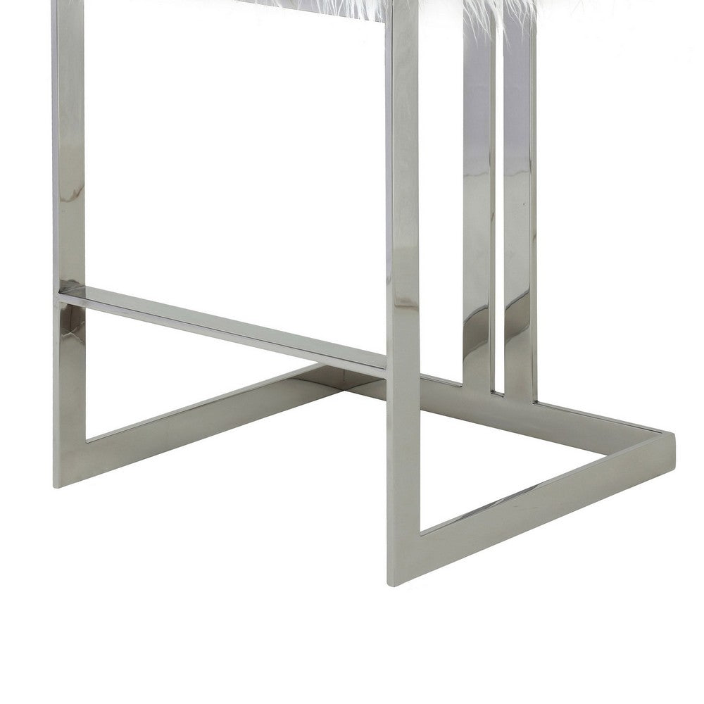 Suki 30 Inch Barstool Chair, White Faux Fur, Silver Stainless Steel Frame - BM317185