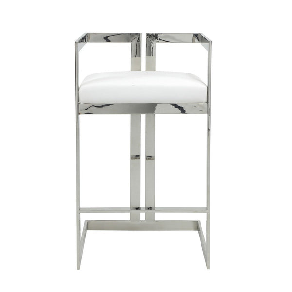 Suki 30 Inch Barstool Chair, White Faux Leather, Silver Stainless Steel - BM317186