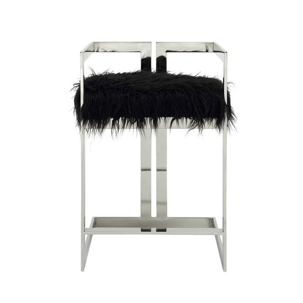 Suki 26 Inch Counter Stool Chair, Black Faux Fur, Silver Stainless Steel - BM317187