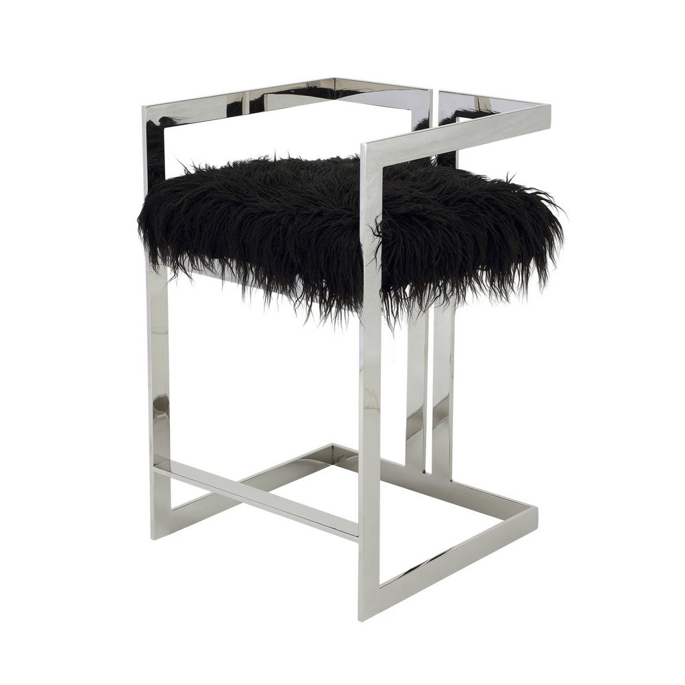 Suki 26 Inch Counter Stool Chair, Black Faux Fur, Silver Stainless Steel - BM317187