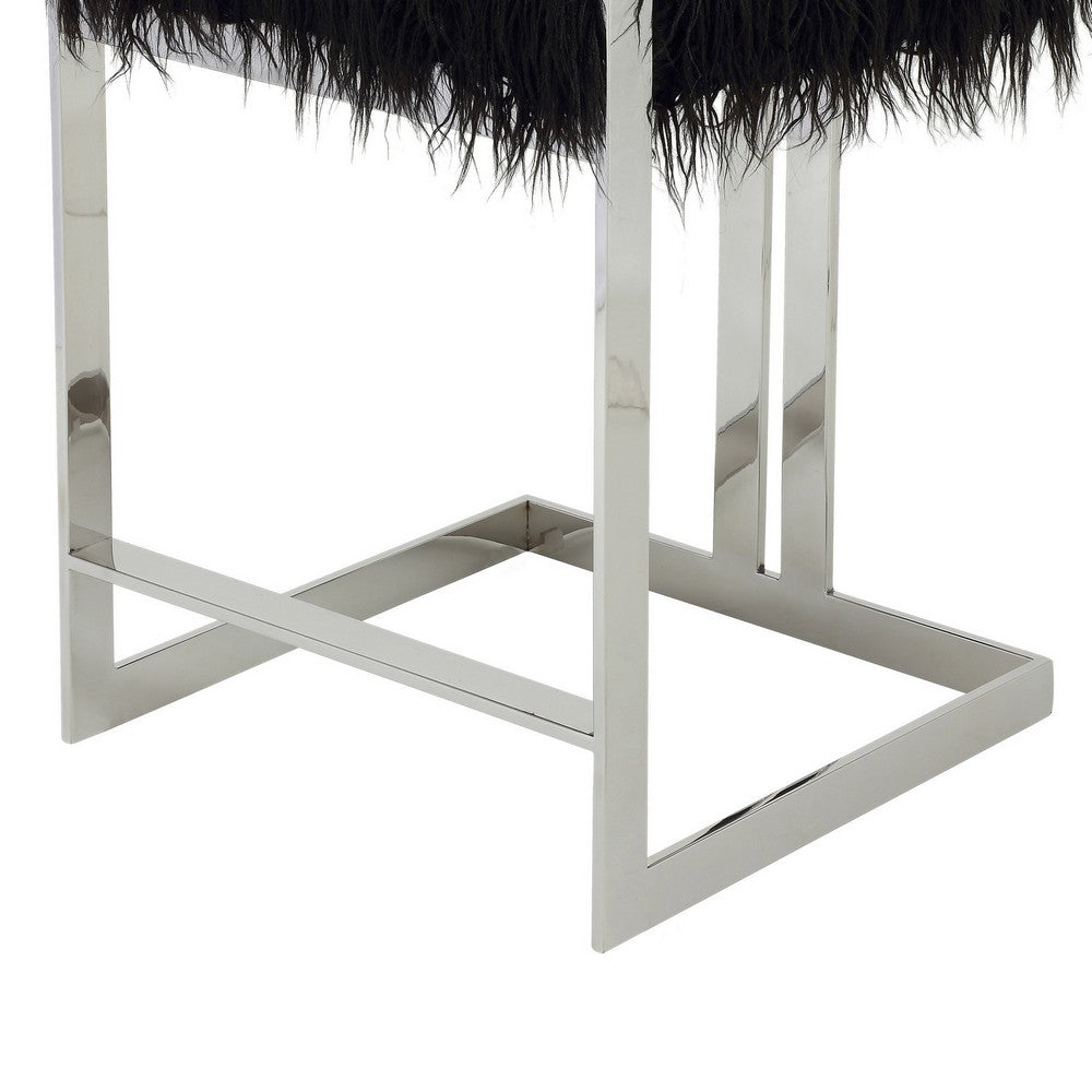 Suki 26 Inch Counter Stool Chair, Black Faux Fur, Silver Stainless Steel - BM317187