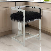 Suki 26 Inch Counter Stool Chair, Black Faux Fur, Silver Stainless Steel - BM317187