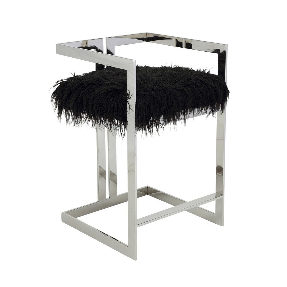 Suki 26 Inch Counter Stool Chair, Black Faux Fur, Silver Stainless Steel - BM317187