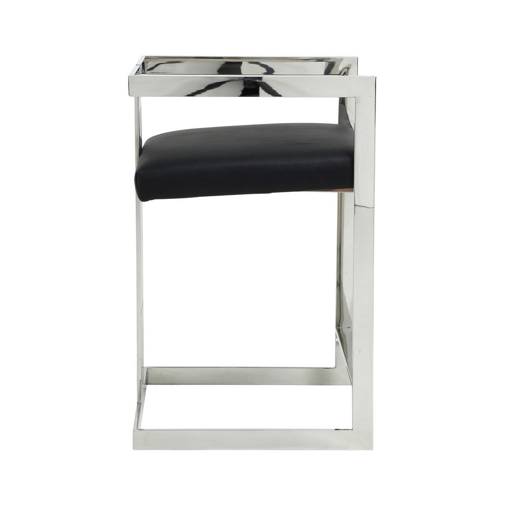 Suki 26 Inch Counter Stool Chair, Black Faux Leather Silver Stainless Steel - BM317188