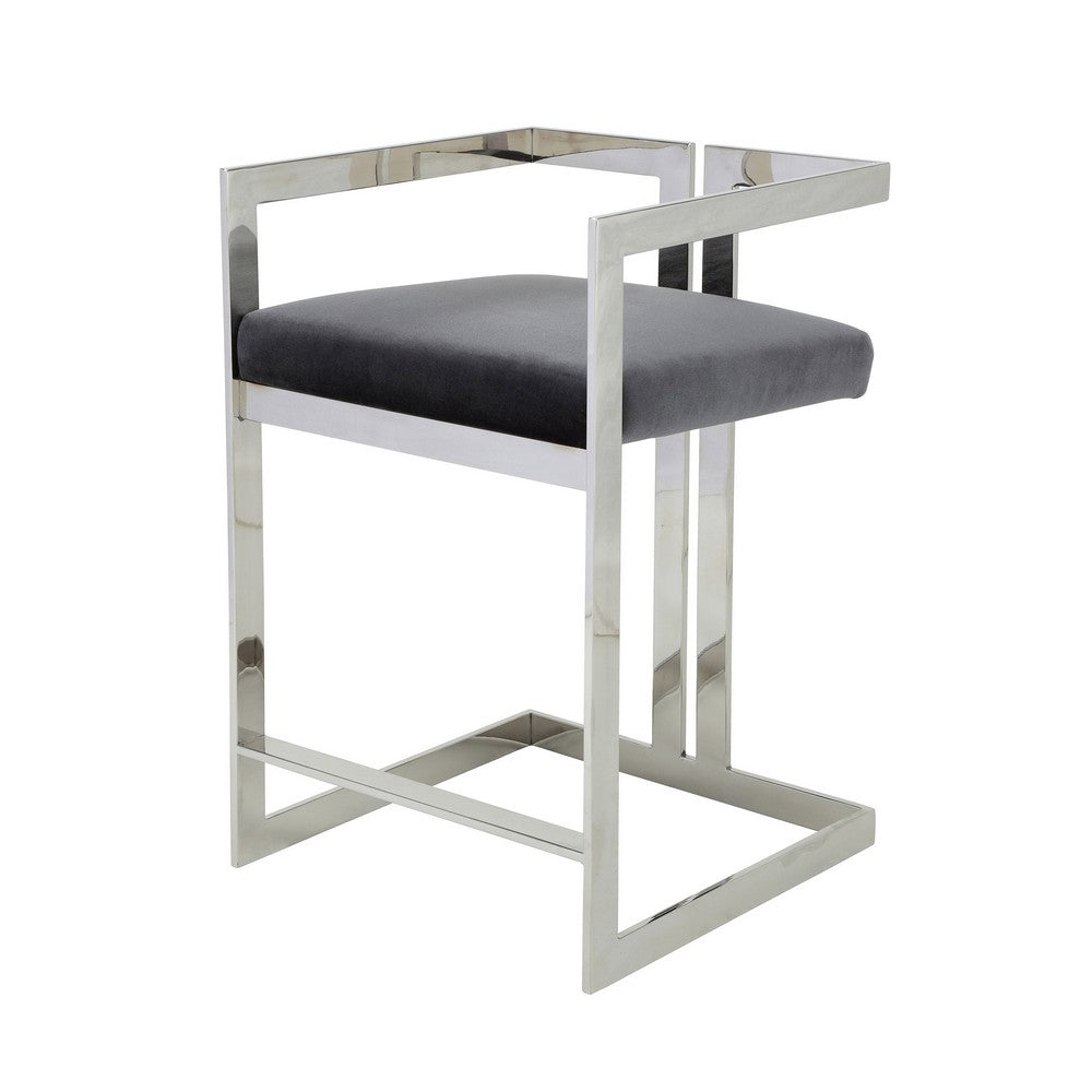 Suki 26 Inch Counter Stool Chair, Gray Velvet, Silver Stainless Steel Frame - BM317189