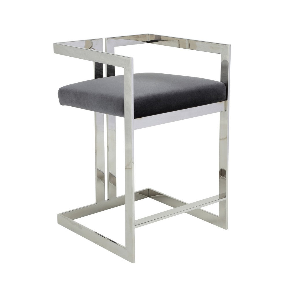 Suki 26 Inch Counter Stool Chair, Gray Velvet, Silver Stainless Steel Frame - BM317189