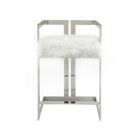 Suki 26 Inch Counter Stool Chair, White Faux Fur, Silver Stainless Steel - BM317191