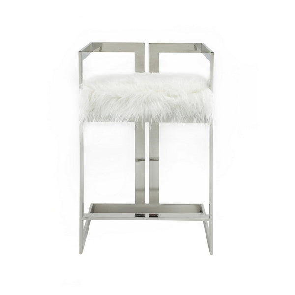 Suki 26 Inch Counter Stool Chair, White Faux Fur, Silver Stainless Steel - BM317191