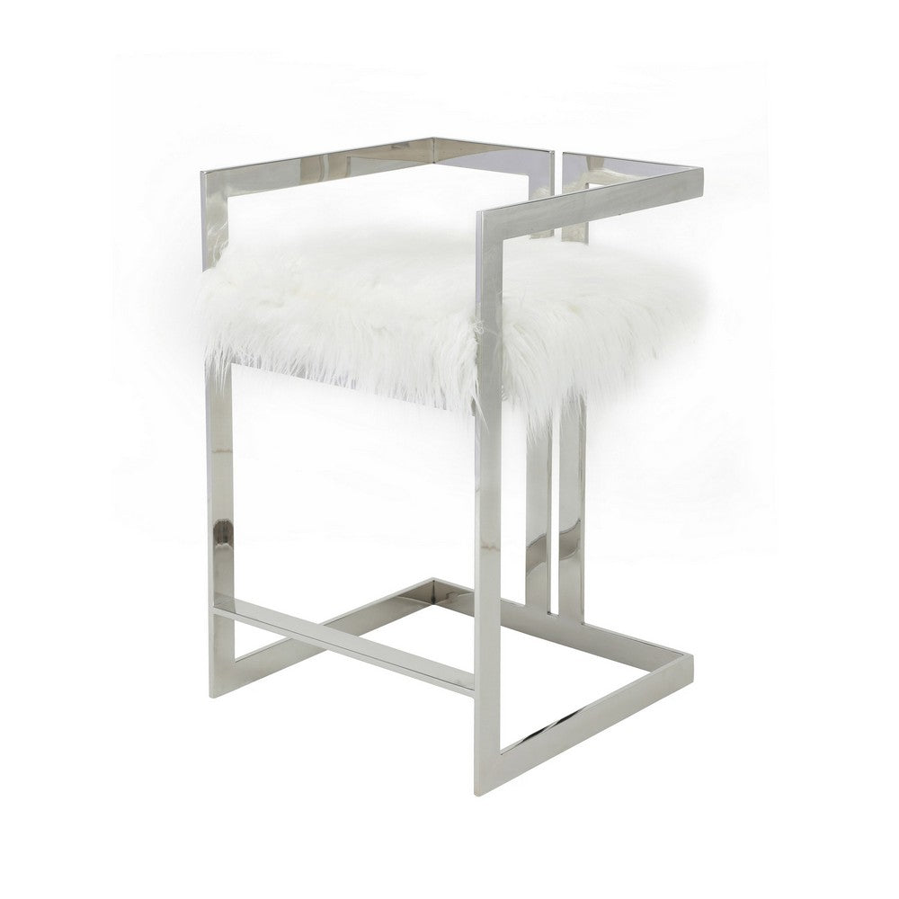 Suki 26 Inch Counter Stool Chair, White Faux Fur, Silver Stainless Steel - BM317191