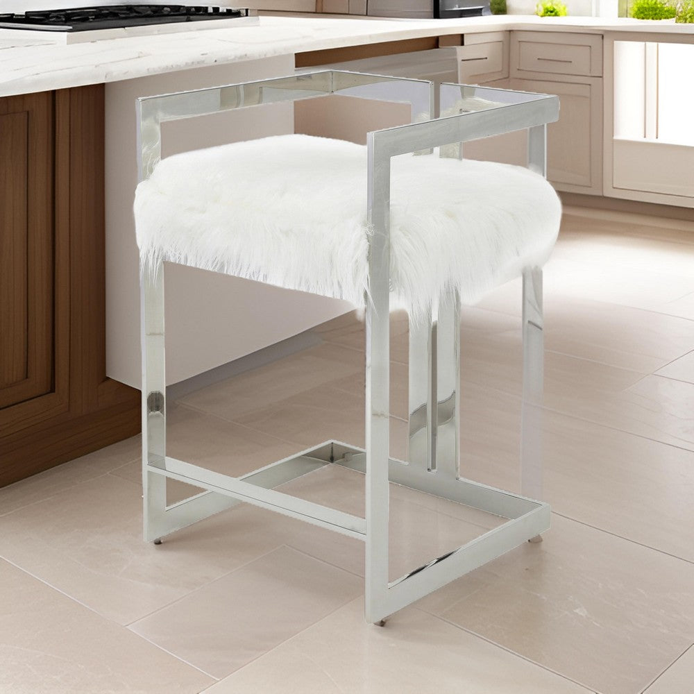 Suki 26 Inch Counter Stool Chair, White Faux Fur, Silver Stainless Steel - BM317191