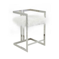 Suki 26 Inch Counter Stool Chair, White Faux Fur, Silver Stainless Steel - BM317191