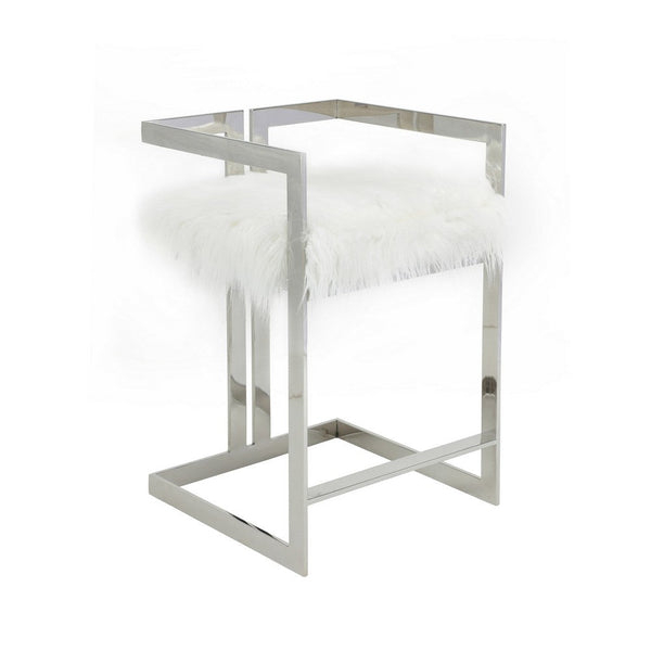 Suki 26 Inch Counter Stool Chair, White Faux Fur, Silver Stainless Steel - BM317191