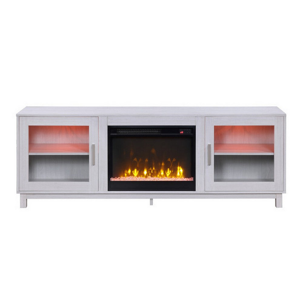 Samy 70 Inch TV Console LED Fireplace Heater, Glass Door, White, Silver - BM317341