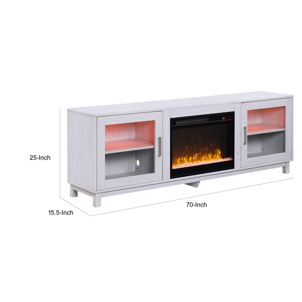 Samy 70 Inch TV Console LED Fireplace Heater, Glass Door, White, Silver - BM317341