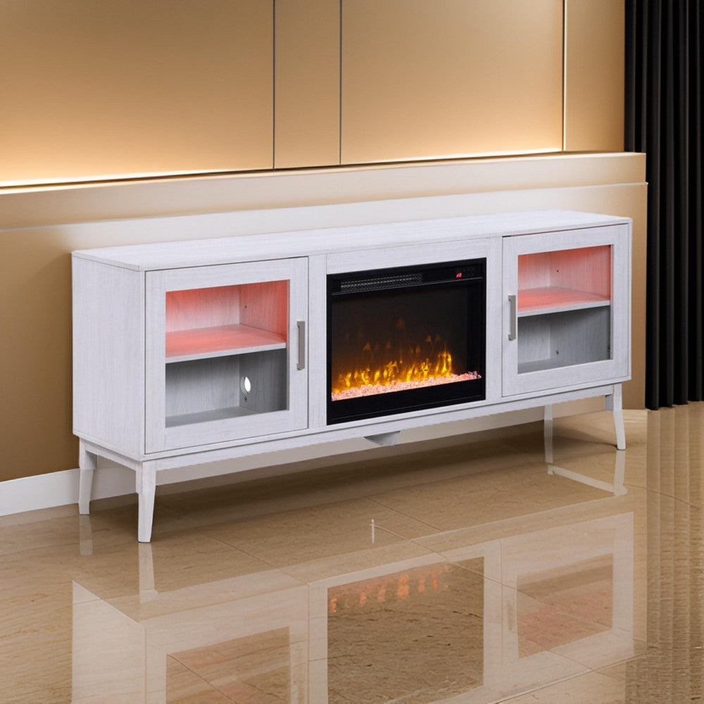 Samy 70 Inch TV Console LED Fireplace Heater, Glass Door, White, Silver - BM317341