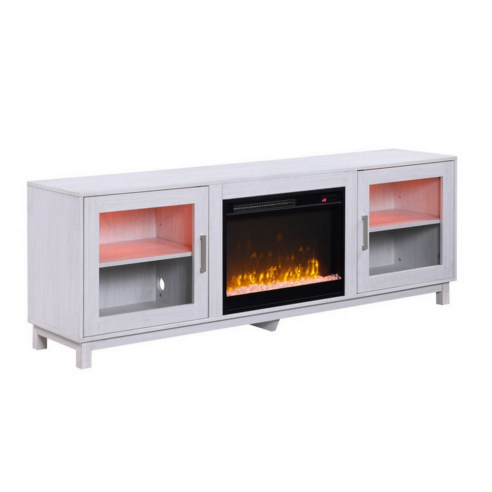 Samy 70 Inch TV Console LED Fireplace Heater, Glass Door, White, Silver - BM317341