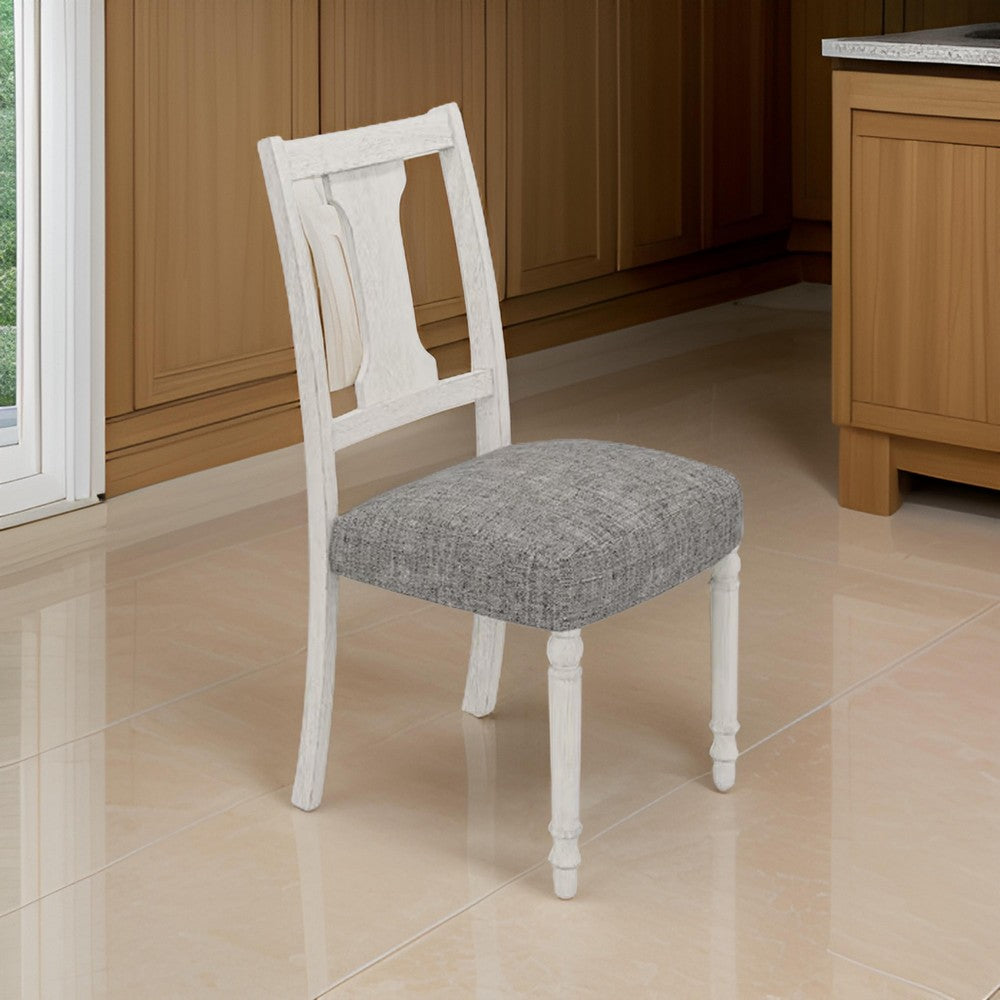 Sane 19 Inch Dining Side Chair Set of 2, Fiddleback, White Wood, Gray Linen - BM317354