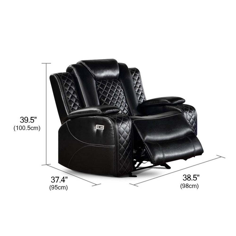 Aile 37 Inch Modern Power Recliner Chair, Black Faux Leather Upholstery
 - BM317399