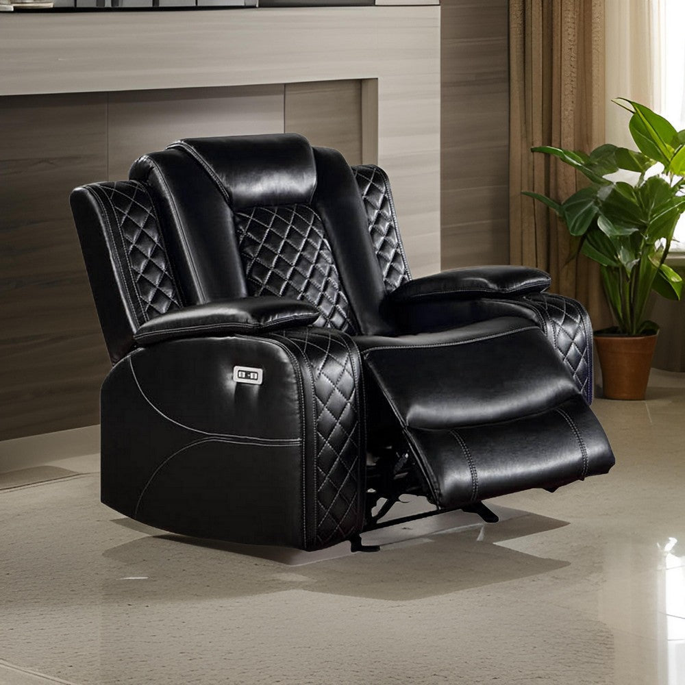 Aile 37 Inch Modern Power Recliner Chair, Black Faux Leather Upholstery
 - BM317399