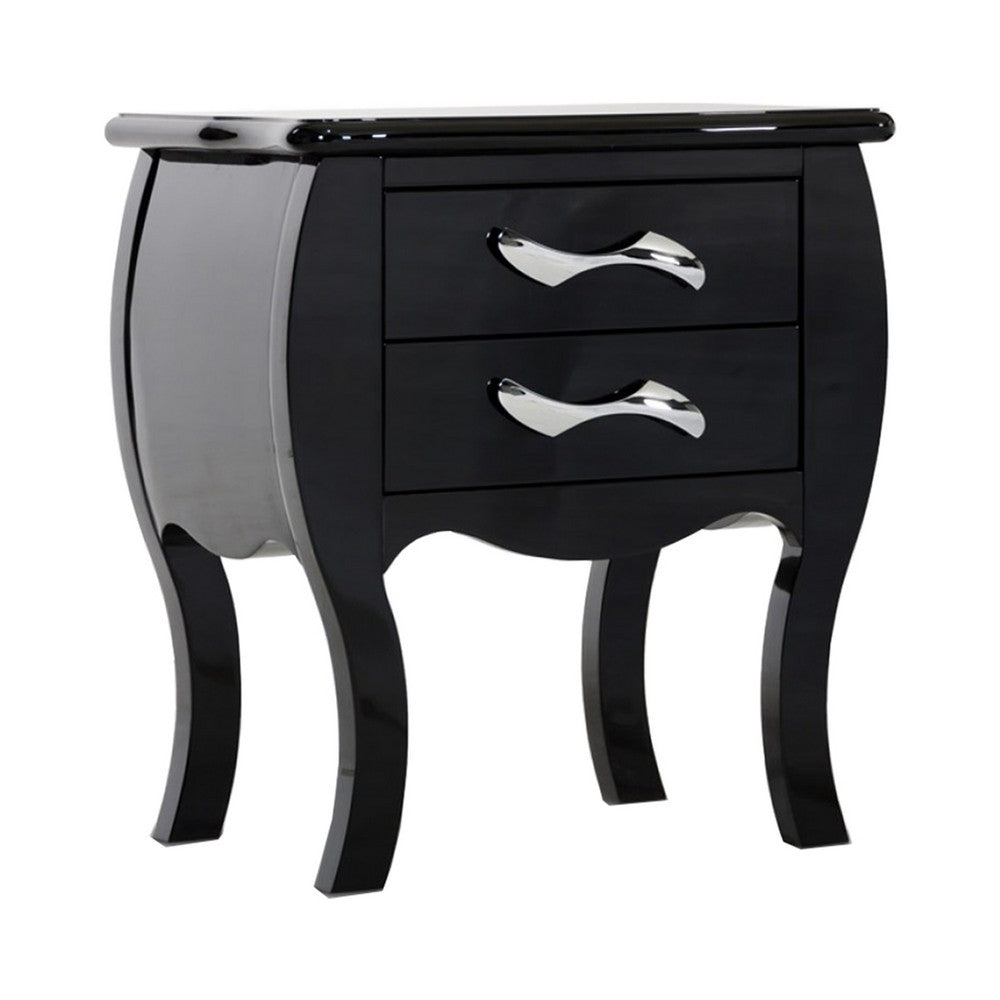 Nial 24 Inch Nightstand, 2 Drawers, Smooth Black Lacquer Wood Finish, Steel - BM317416