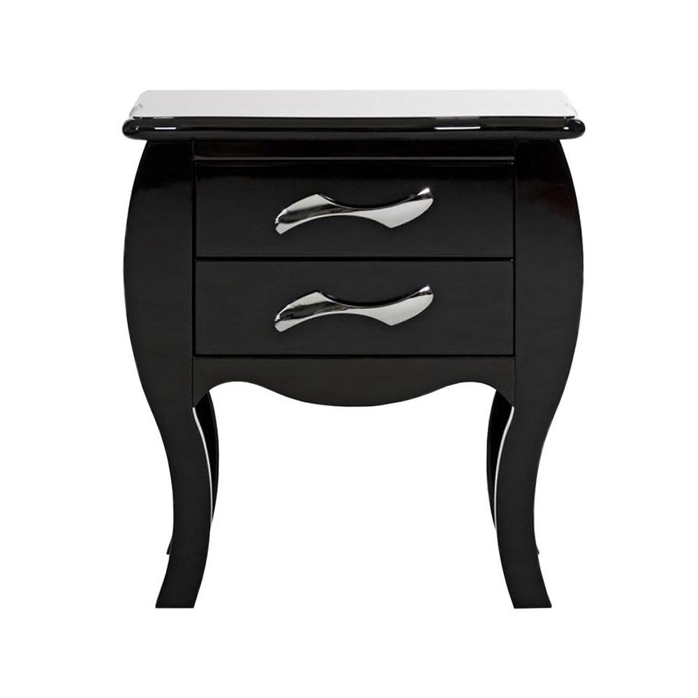 Nial 24 Inch Nightstand, 2 Drawers, Smooth Black Lacquer Wood Finish, Steel - BM317416