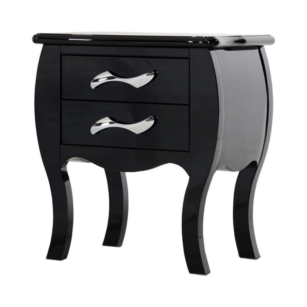 Nial 24 Inch Nightstand, 2 Drawers, Smooth Black Lacquer Wood Finish, Steel - BM317416