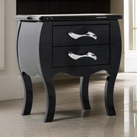 Nial 24 Inch Nightstand, 2 Drawers, Smooth Black Lacquer Wood Finish, Steel - BM317416