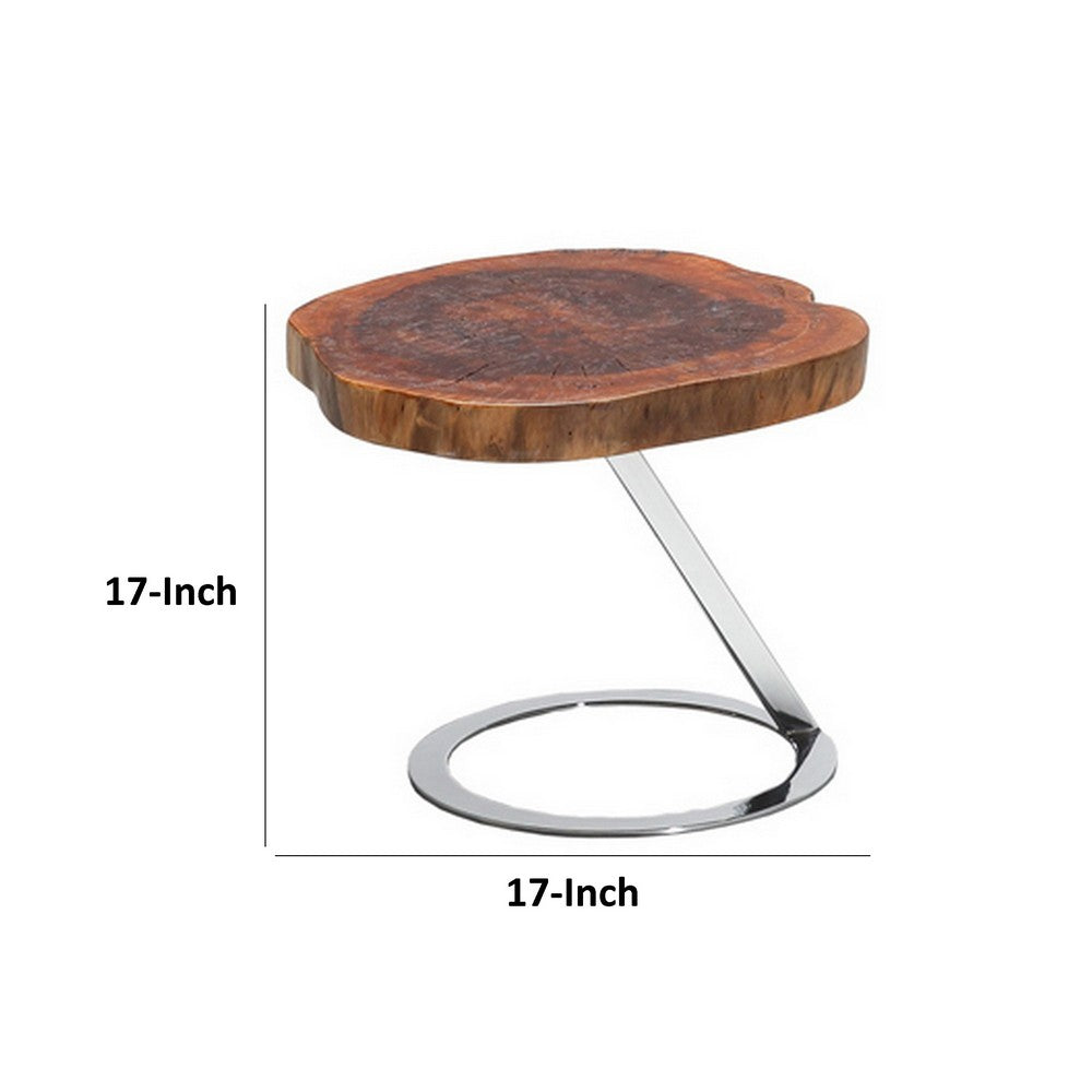 Cid Danes 17 Inch End Table, Live Edge Tree Trunk Top, Metal Base in Chrome - BM317419