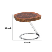 Cid Danes 17 Inch End Table, Live Edge Tree Trunk Top, Metal Base in Chrome - BM317419