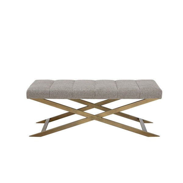 Cid Shia 47 Inch Accent Bench, Tufted Gray, X Shape Brushed Brass Legs - BM317429