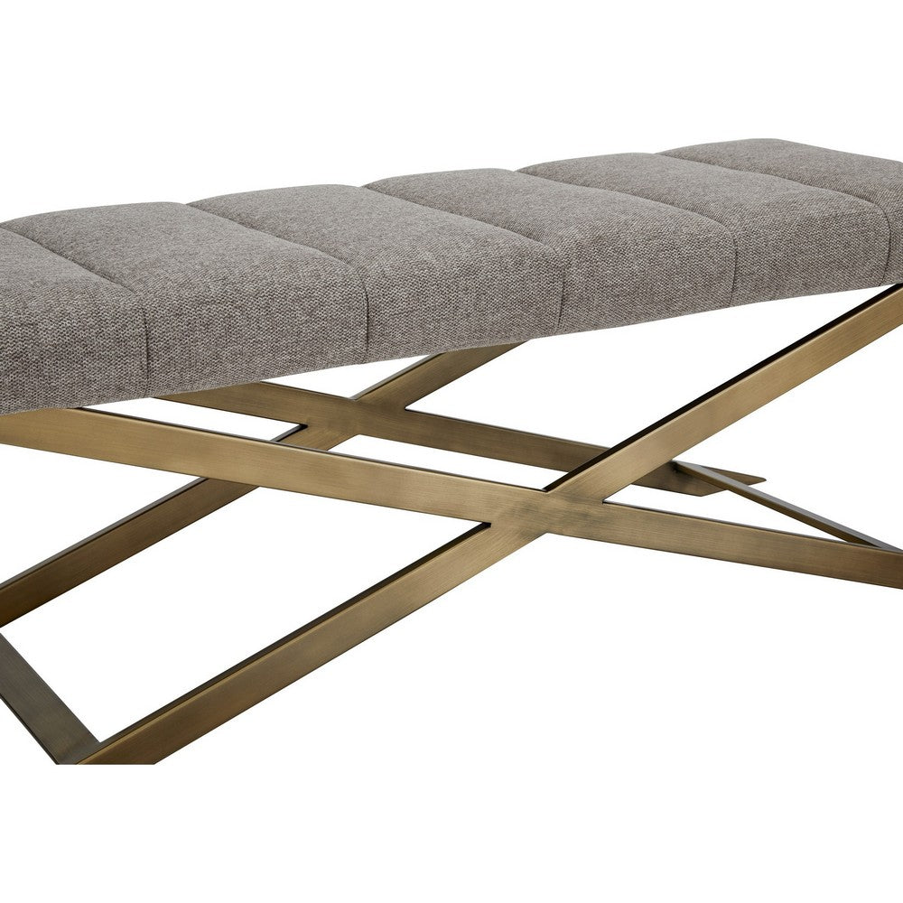 Cid Shia 47 Inch Accent Bench, Tufted Gray, X Shape Brushed Brass Legs - BM317429