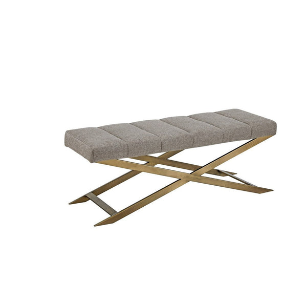 Cid Shia 47 Inch Accent Bench, Tufted Gray, X Shape Brushed Brass Legs - BM317429