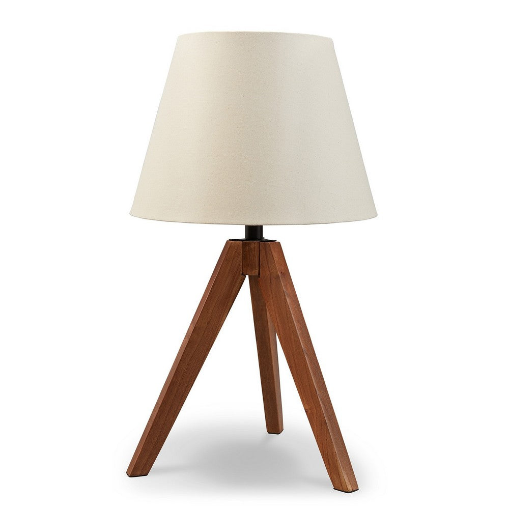 Hena 25 Inch Table Lamp, White Empire Fabric Shade, Brown Wood Tripod Base - BM317475