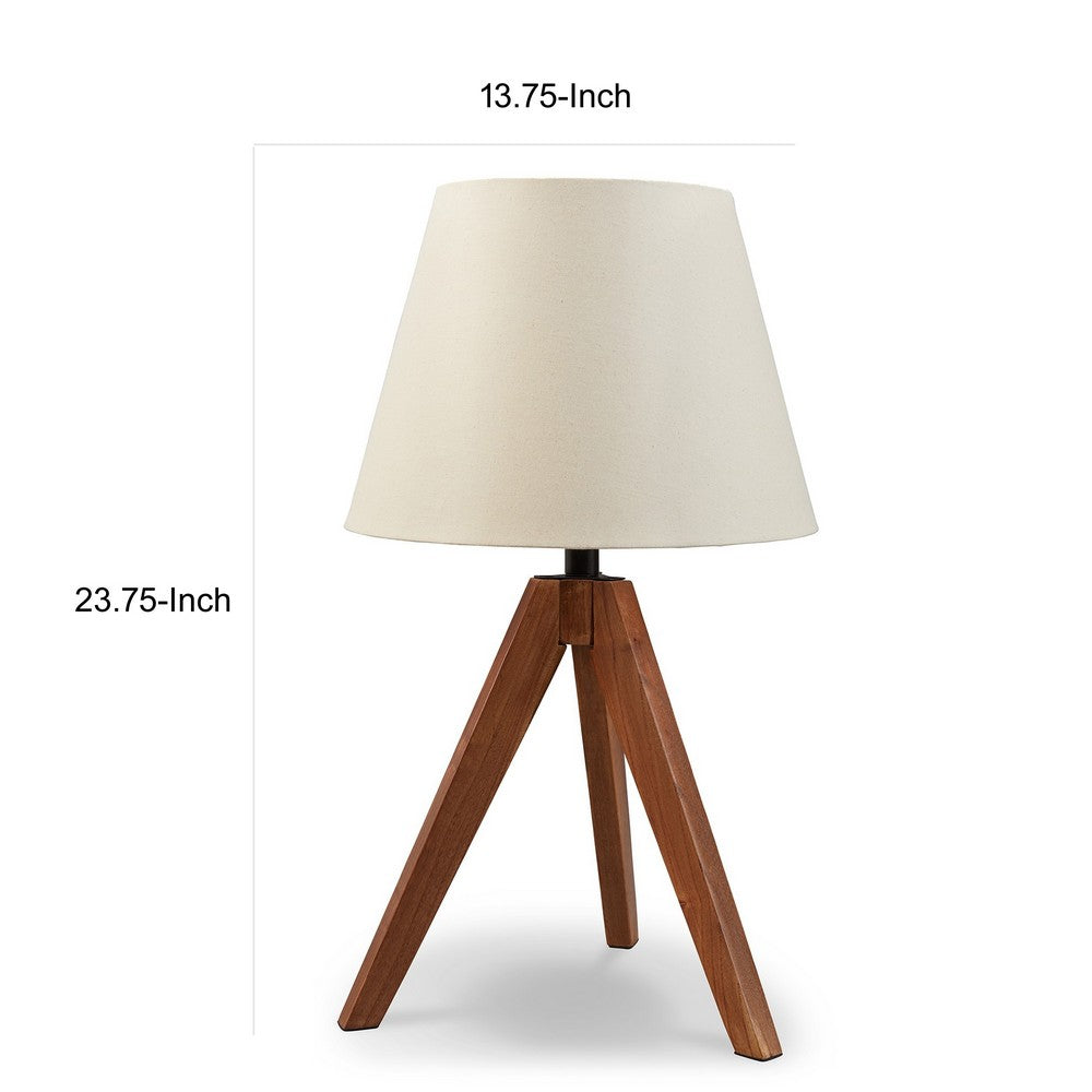 Hena 25 Inch Table Lamp, White Empire Fabric Shade, Brown Wood Tripod Base - BM317475