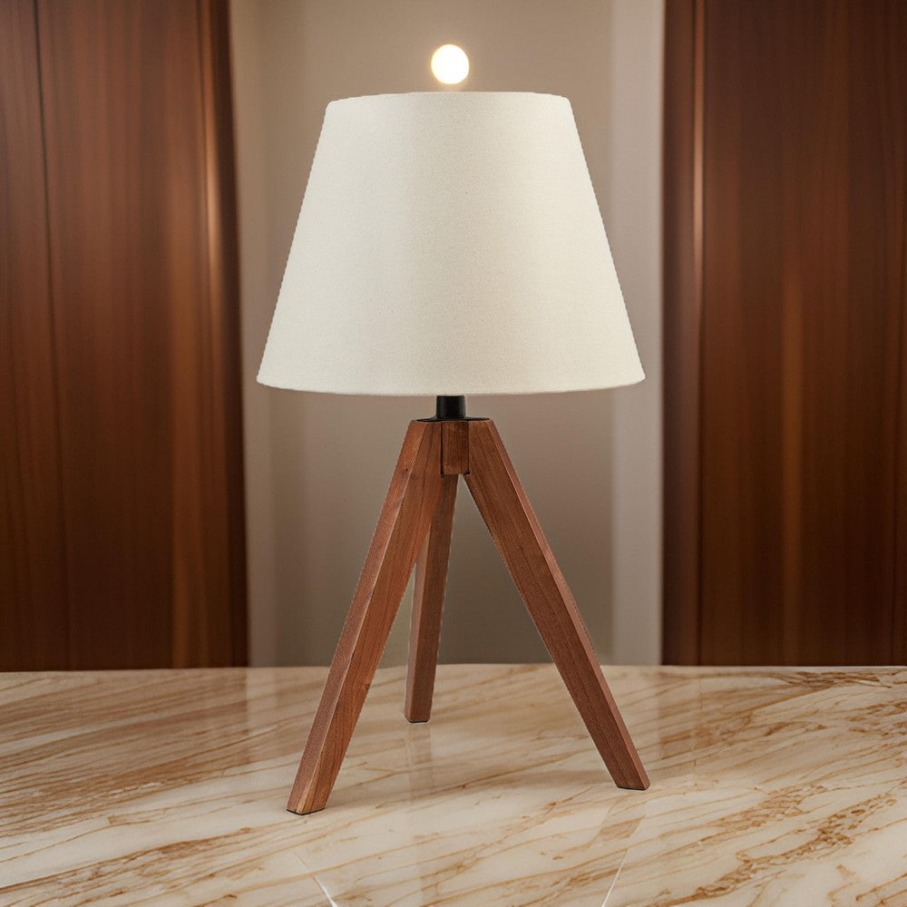 Hena 25 Inch Table Lamp, White Empire Fabric Shade, Brown Wood Tripod Base - BM317475